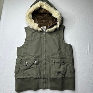 Nori Women's Olive Green Fur Hooded‎ Vest Size M Utility Cargo pockets Zip Up